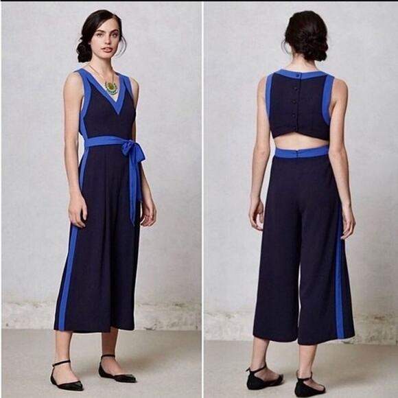 Anthropologie- Elevenses Beca Open Back Jumpsuit in navy size 0 - Picture 1 of 16